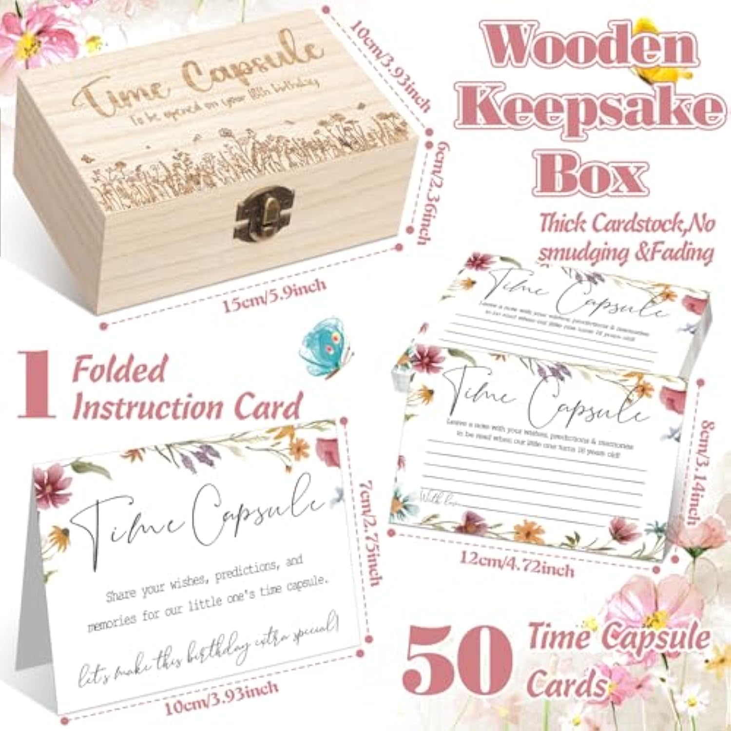 Time Capsule Box 1St Birthday Baby Time Capsule First Birthday Party Games, 1St Activities For Guests, Advice And Wishes Cards Gift Keepsake For Baby Shower Party Supplies(Wildflower)