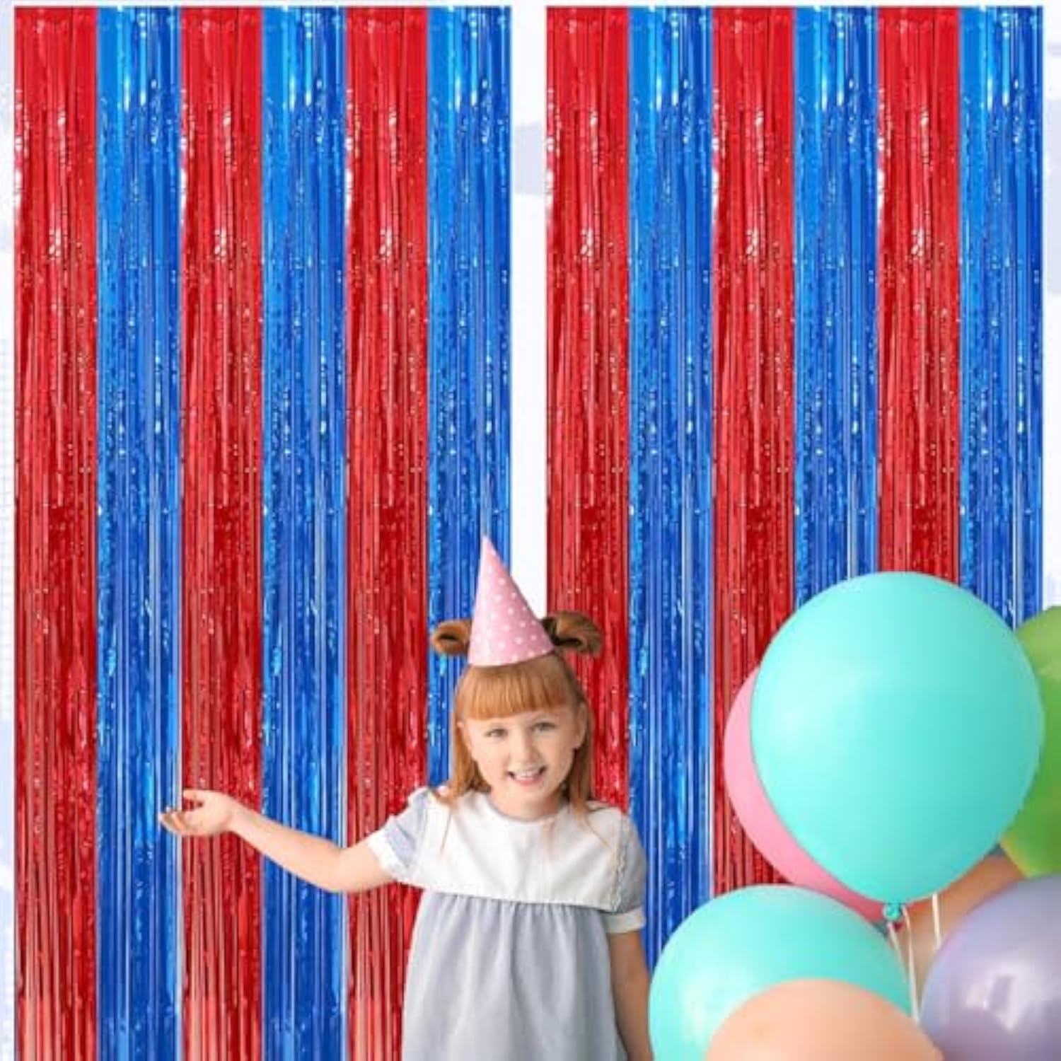 Red & Blue Fringe Curtains 4-Pack Party Tinsel Backdrops 3.3×6.6 ft