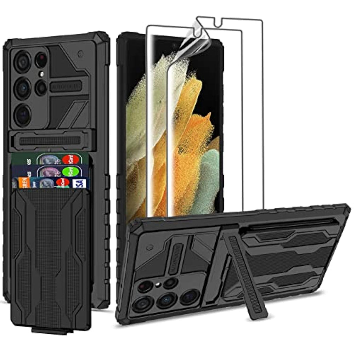 Samsung Galaxy S22 Ultra Wallet Case With Card Holder, Samsung S22 Ultra Case With Screen Protector [ Soft 2 Pack ] Military Grade Shockproof Case For Galaxy S22 Ultra 6.8''