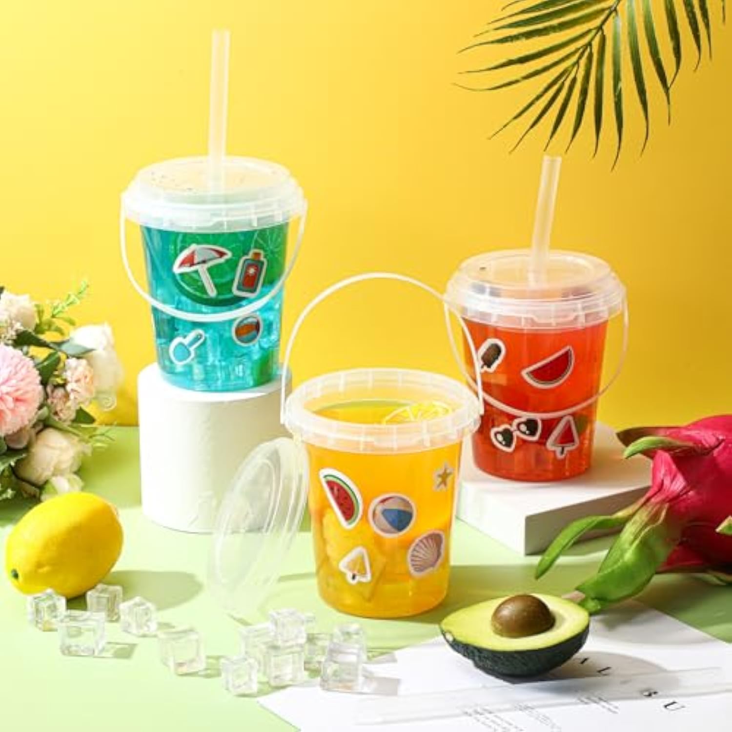 12 Sets 34 Oz Plastic Drink Buckets With Lid And Straws 6 Sheets Summer Stickers Clear Drink Cup Disposable Cocktail Rum Buckets Reusable Ice Cream Pails For Summer Beach Pool Party Favors