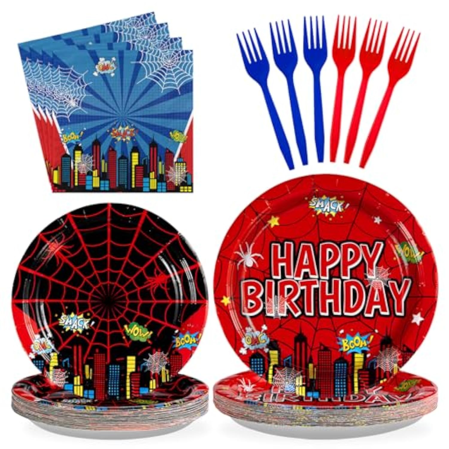 96Pcs Cartoon Spider Birthday Party Decorations Red Blue Spider Birthday Plates And Napkins Disposable Hero Paper Tableware Set For Kids Baby Shower Super Theme Party Supplies, Serves 24