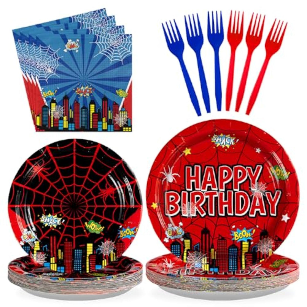 96Pcs Cartoon Spider Birthday Party Decorations Red Blue Spider Birthday Plates And Napkins Disposable Hero Paper Tableware Set For Kids Baby Shower Super Theme Party Supplies, Serves 24