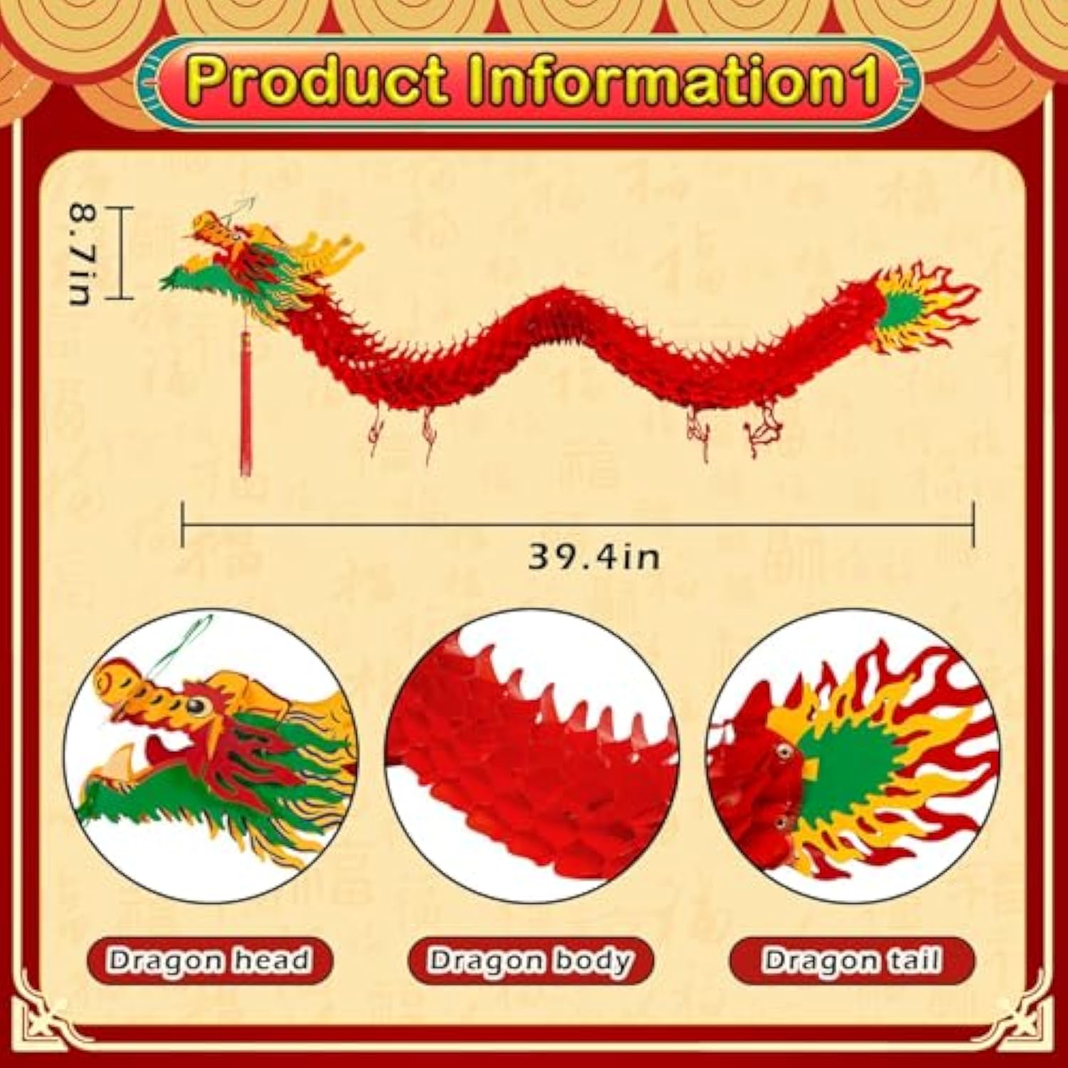 3D Chinese New Year 2026 Dragon Decoration with 12 Red Lanterns Party Decor