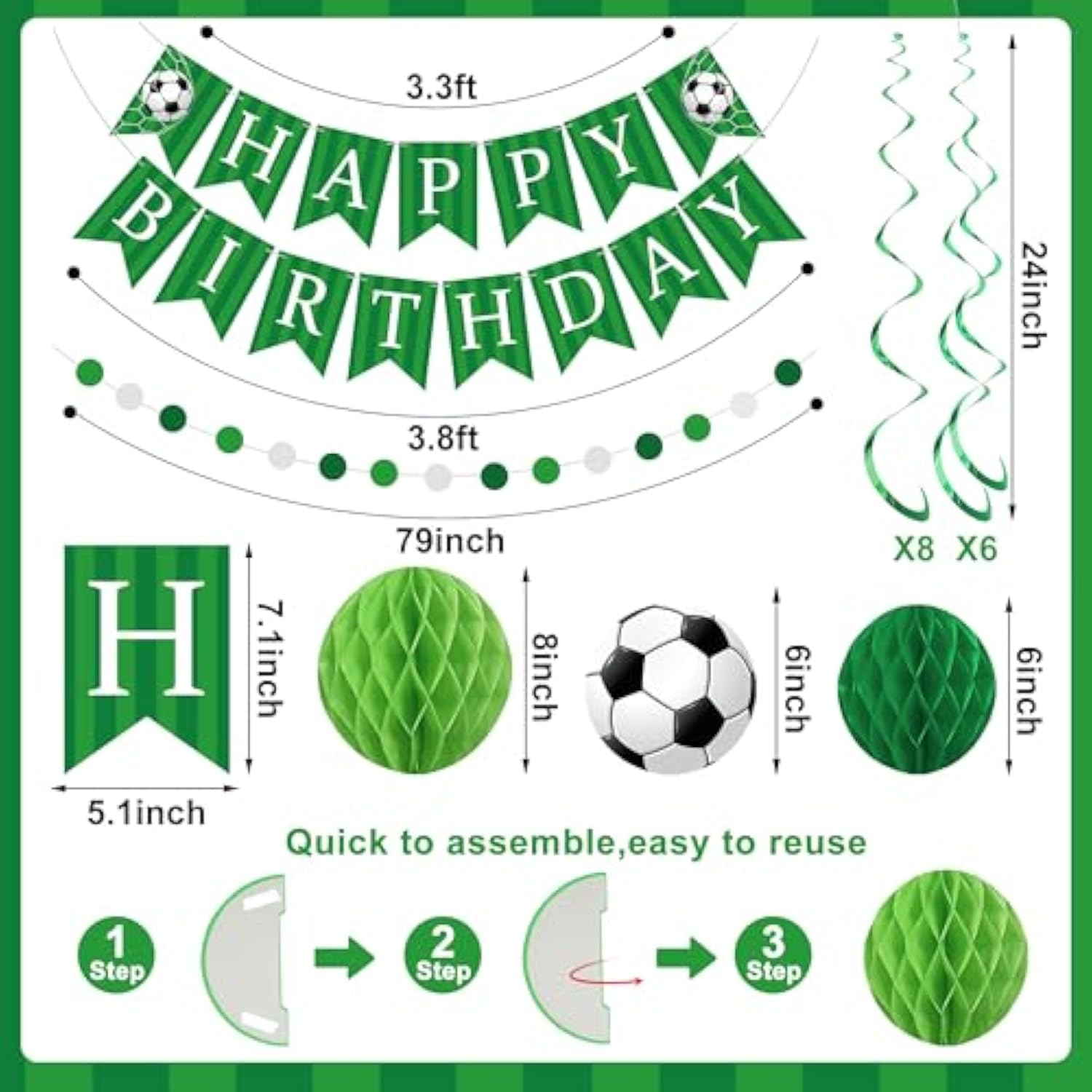 Soccer Party Decoration Soccer Theme Decor Pre-Strung Soccers Happy Birthday Banner Hanging Swirls Honeycomb Balls Circle Dots Garland For Boys Soccers Sports Theme Birthday Decorations