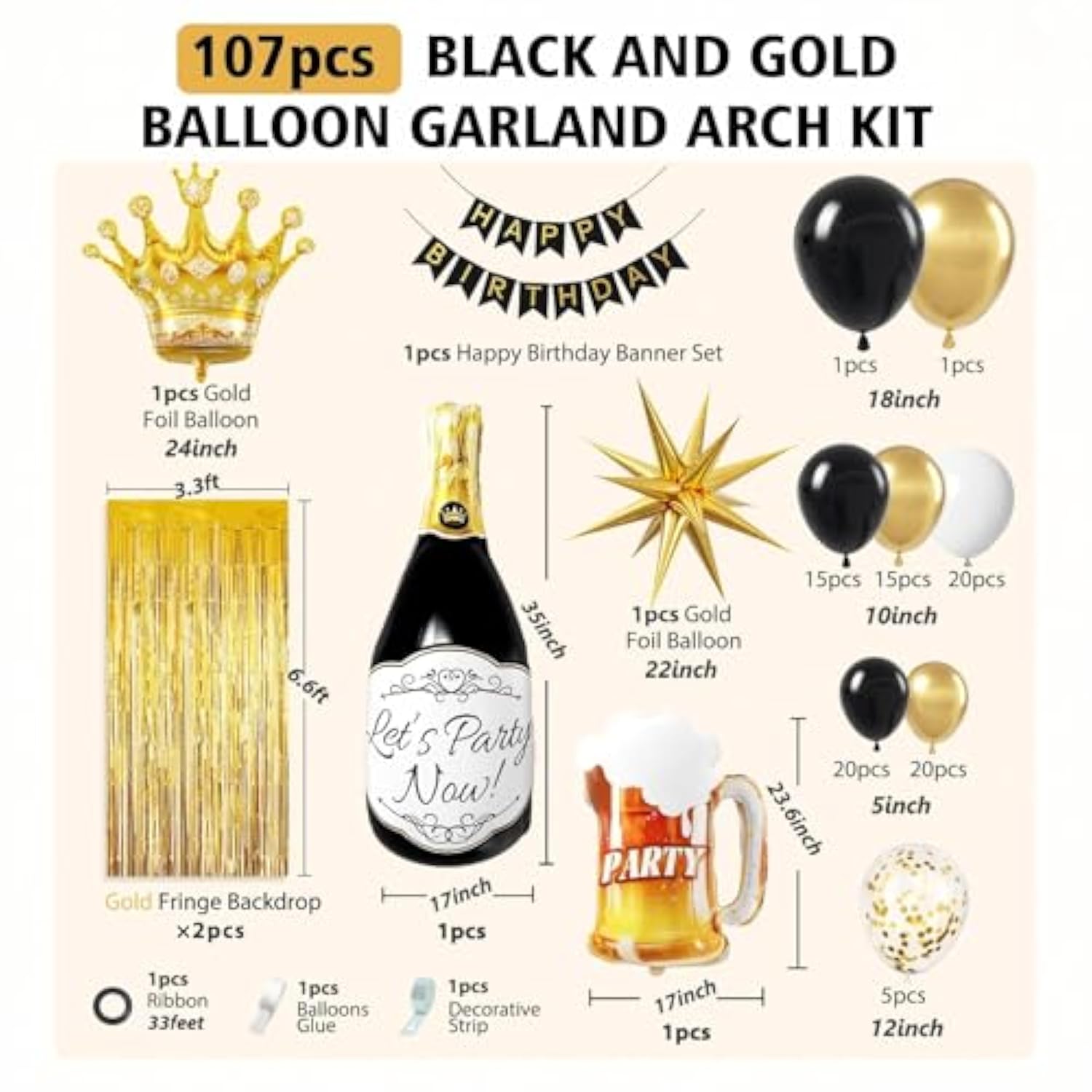 Black and Gold 107-Piece Birthday Decoration Kit: Balloons & Banner