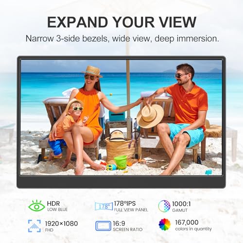 Portable Monitor 15.6-Inch Fhd 1080P Ultra-Slim Travel External Monitor Hdr Ips Gaming Display With Kickstand &Speakers Usb-C Hdmi Plug&Playfor Laptop Pc Phone Ps4/5 Xbox Switch