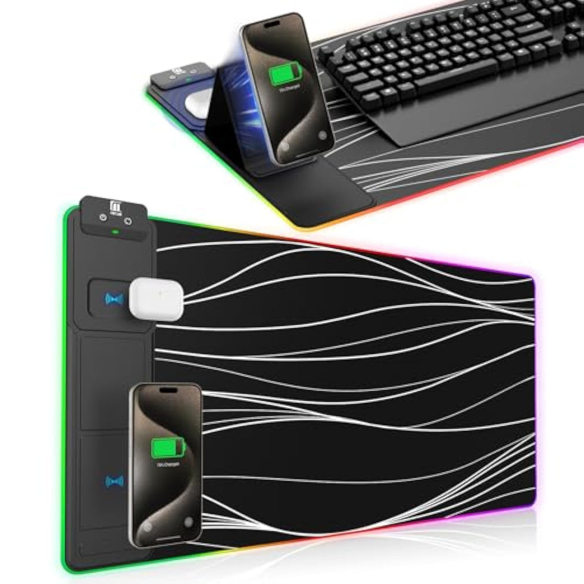 Xxl Mouse Pad With Phone Holder, Rgb Desk Mat With 15W Fast Charging, Led Large Gaming Mouse Pad With 11 Lights Colors, Long Mouse Pads, Waterproof Non-Slip Desk Pad For Gamer Esports Pros