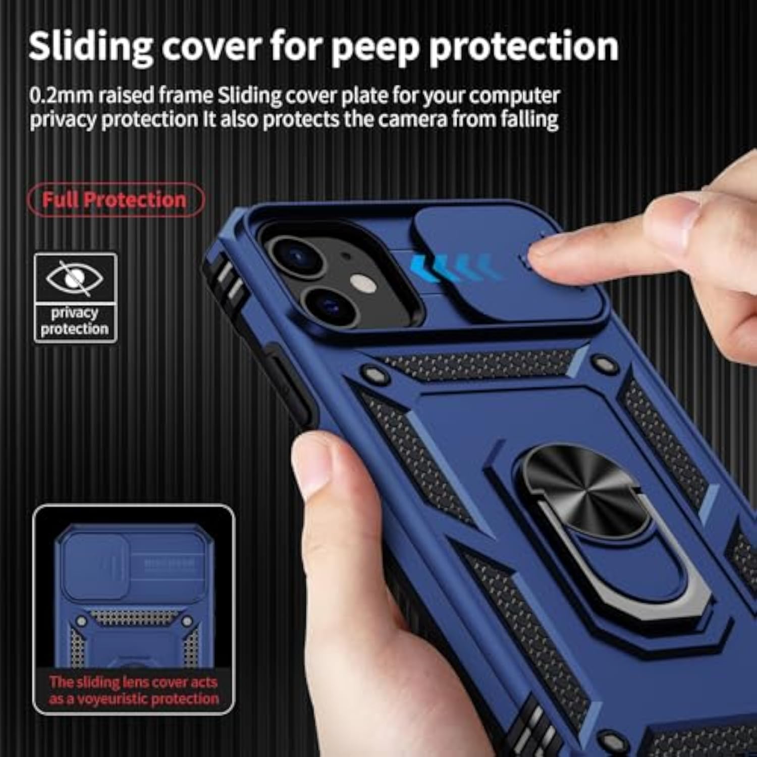 Navy Blue iPhone 14 Plus Case with Camera Lens Cover, HD Screen Protector, 10 FT Military Grade Drop Protection, Magnetic Ring Holder Kickstand Protective Phone Case