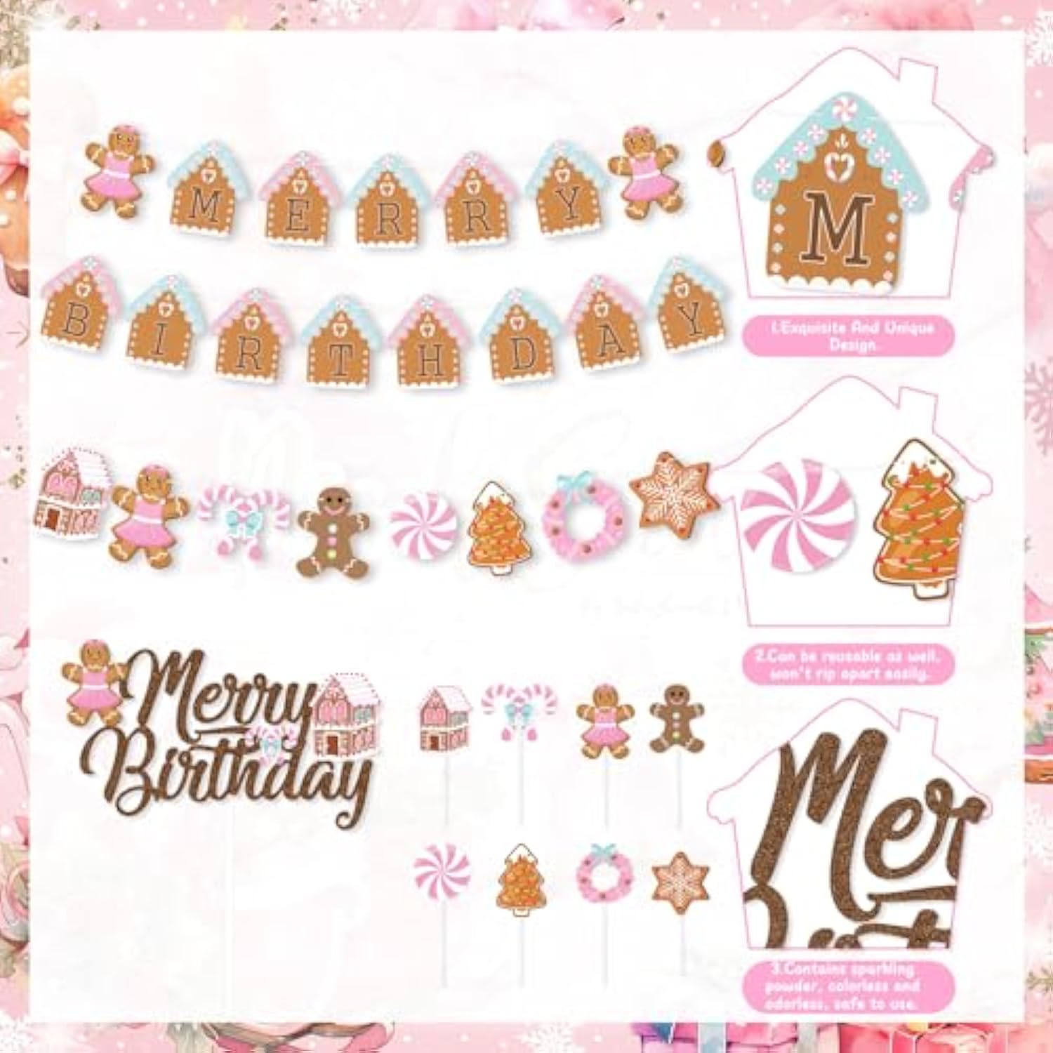 Christmas & Birthday Decorations - Pink Gingerbread Man Merry Birthday Theme Banner, Candy House Cake Topper & Latex Balloons For Boys & Girls Parties