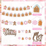 Christmas & Birthday Decorations - Pink Gingerbread Man Merry Birthday Theme Banner, Candy House Cake Topper & Latex Balloons For Boys & Girls Parties