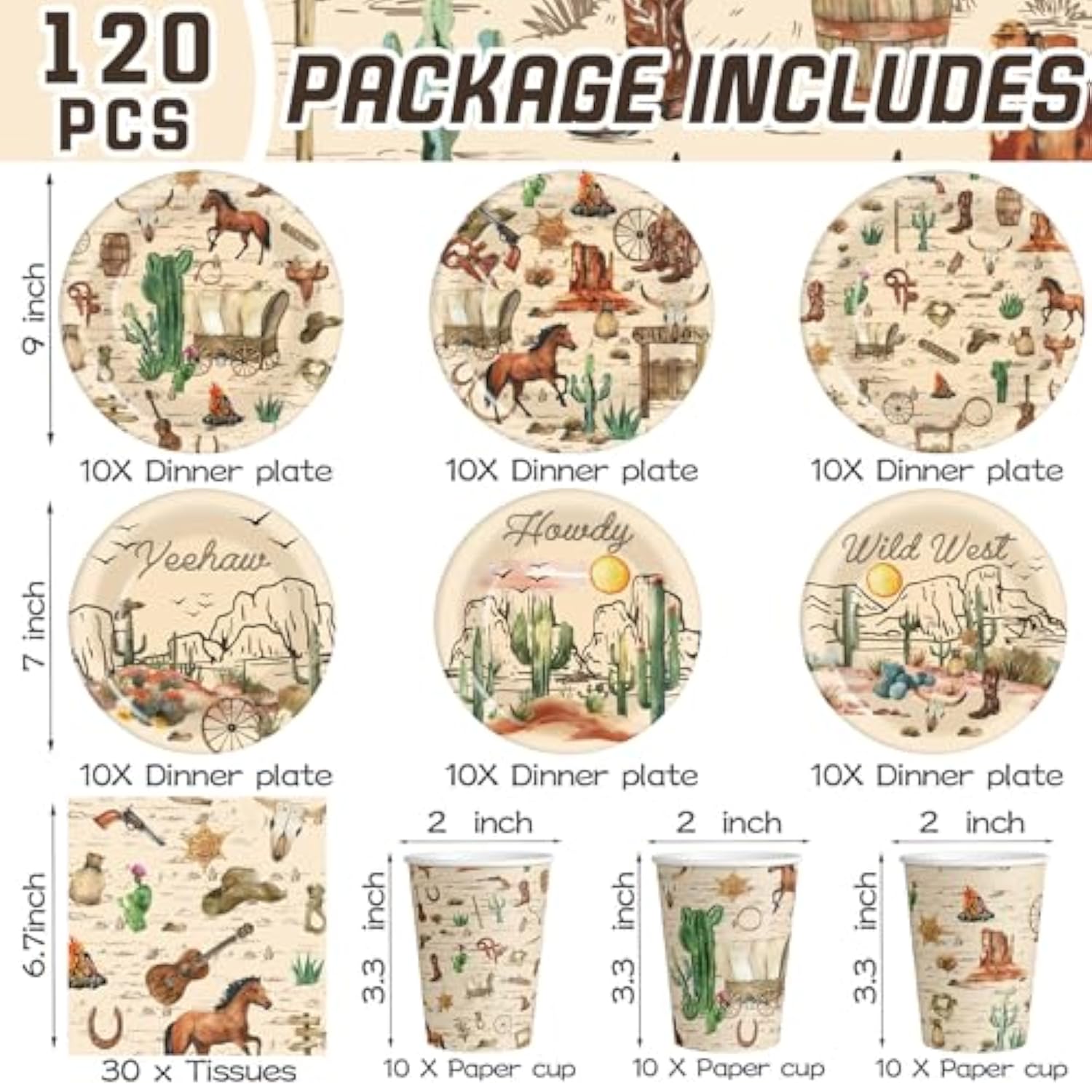 120 Pcs Of Cowboy Party Supplies, Western Competitive Party Supplies, Cowboy Birthday Party Decorations, Plates, Tissues, Cups, Western Themed Tableware, Can Be Used By 30 People