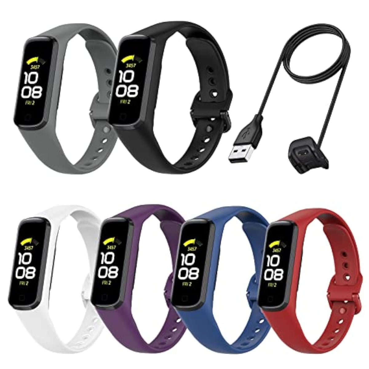 7 Pack Bands & Charger Compatible With Samsung Galaxy Fit 2 Band For Women Men, Soft Silicone Replacement Straps Wristbands Accessories For Samsung Galaxy Fit2