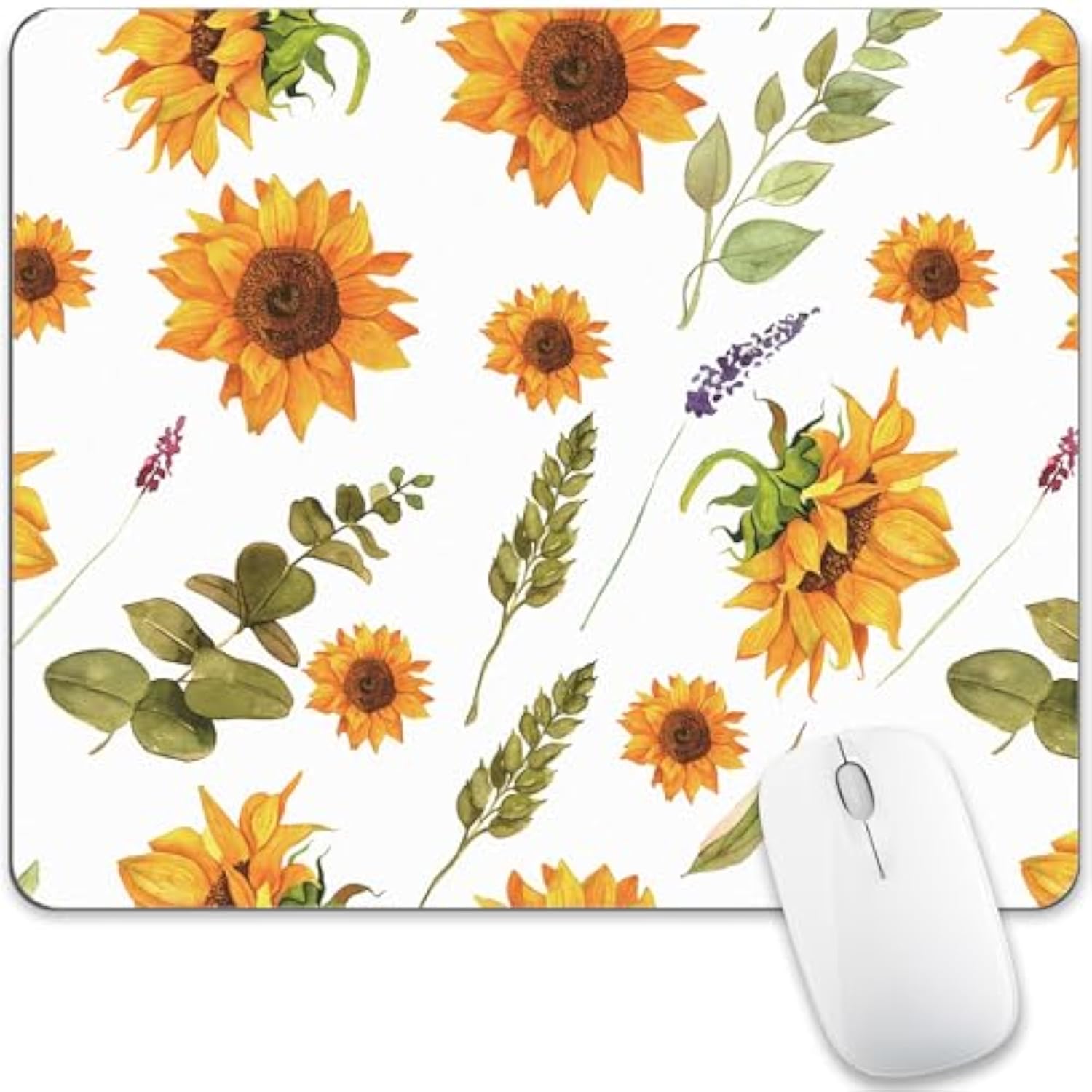 White Sunflower Mouse Pad Computer Cute Plant Leaves Yellow Flower Wildflower Mousepad Desk Mat Square Aesthetic Nature Washable Office Accessories Laptop Wireless Travel Decorative Pattern Gaming