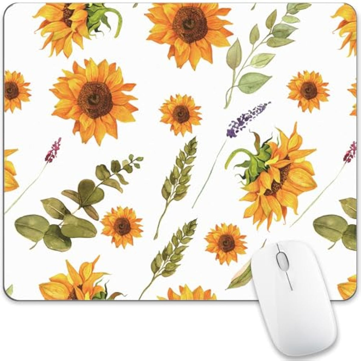 White Sunflower Mouse Pad Computer Cute Plant Leaves Yellow Flower Wildflower Mousepad Desk Mat Square Aesthetic Nature Washable Office Accessories Laptop Wireless Travel Decorative Pattern Gaming