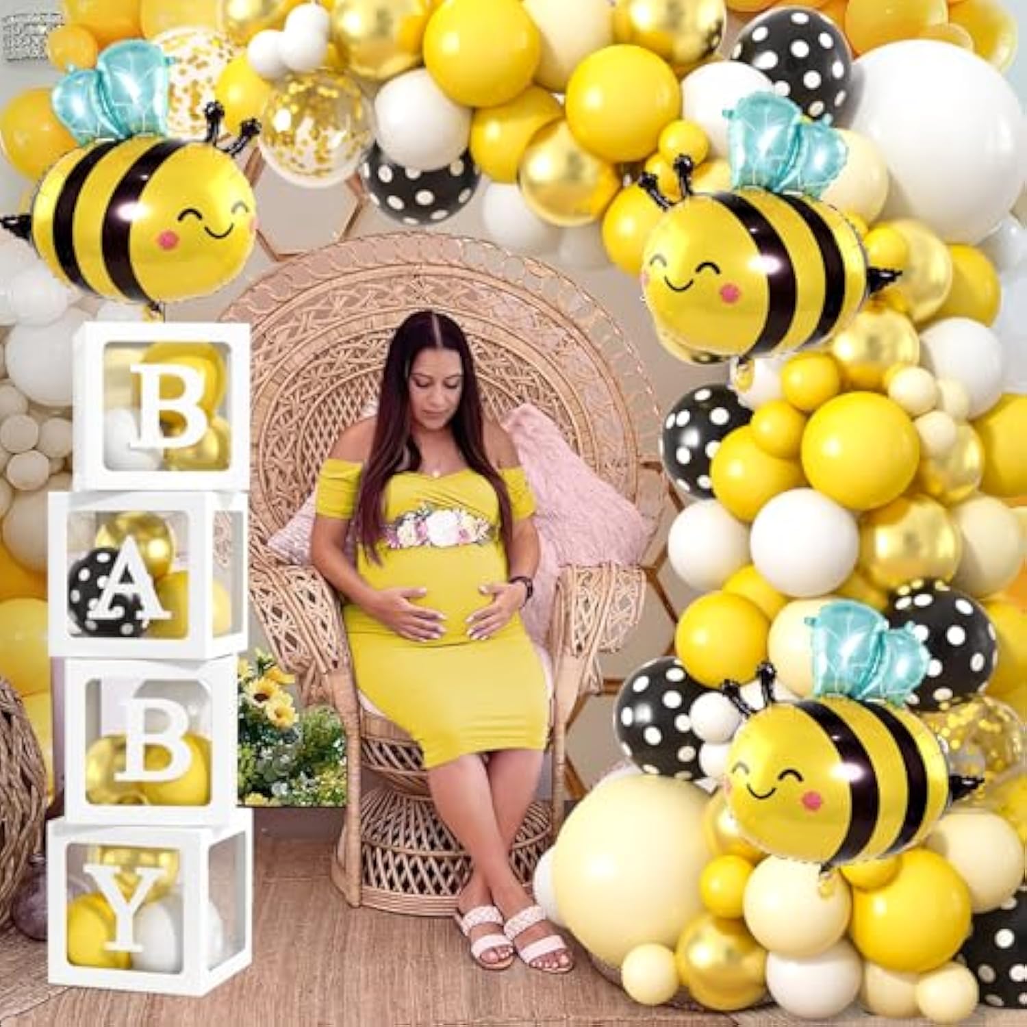 124 Bee Baby Shower Decorations, Yellow White Balloon Garland Arch Kit Baby Box With Letters Bee Foil Balloons, What Will It Bee Gender Reveal Decorations Boy Girl Baby Shower Decor