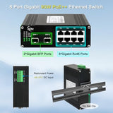 Industrial 8 Port Gigabit 90W Poe++ Switch With 20Gbps Bandwidth, 10/100/1000Mbps, 2 Sfp Port, 802.3Af/At/Bt Ethernet Switch, Ip40 Al Case, Desktop Or Din Rail