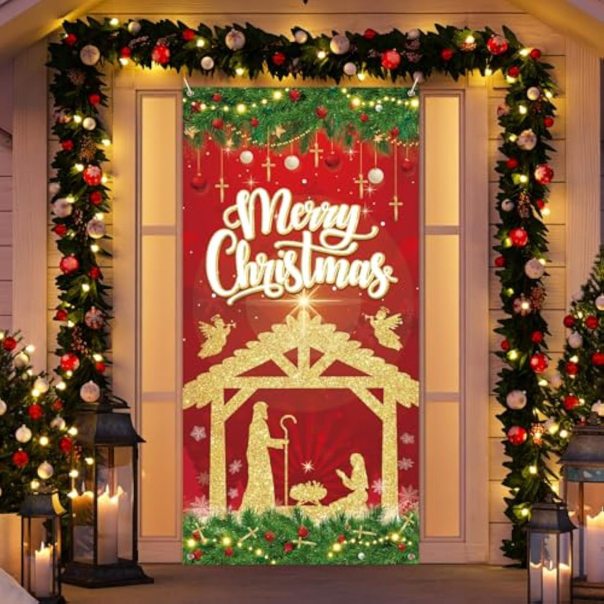 Christmas Nativity Door Banner Red Gold Jesus Scene Party Decoration 73x36 Inch