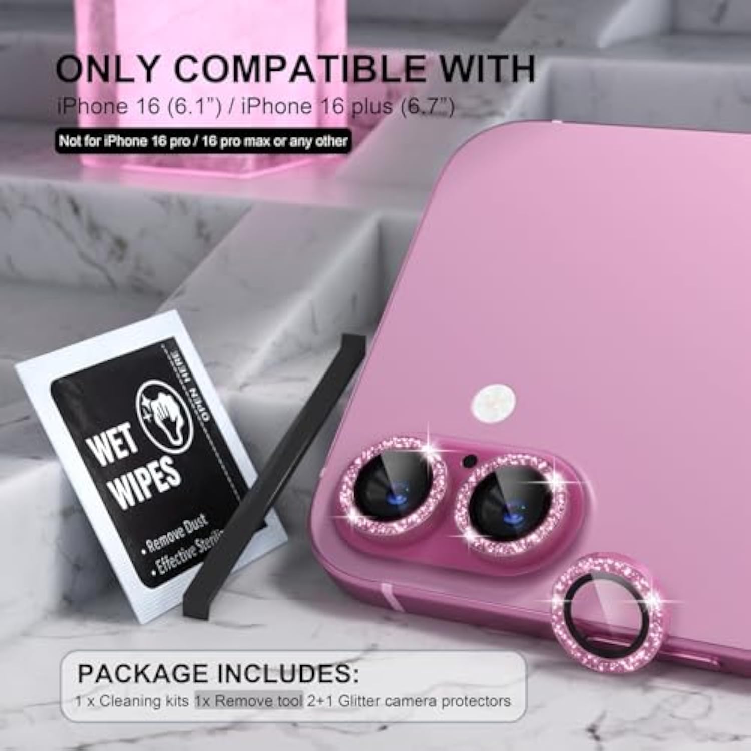 iPhone 16/16 Plus Camera Lens Protector, 9H Tempered Glass, Glitter Pink