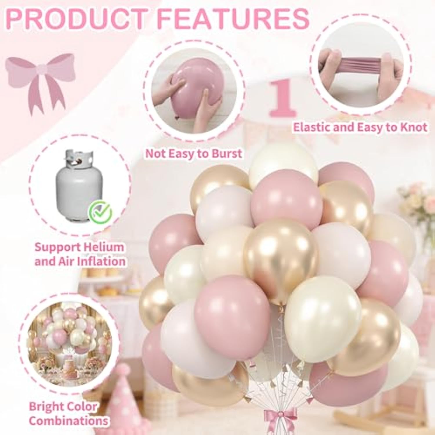 Dusty Pink And Gold Balloons, 60Pcs Double Stuffed Pearl White Blush Pink Balloon, 12 Inch Apricot Champagne Gold Balloons Helium For Women Girls Boho Birthday Wedding Bridal Shower Party Decorations