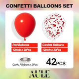 42 Red Balloons Set – 12in Latex & Confetti Balloons with 64ft Ribbon for Party Decorations