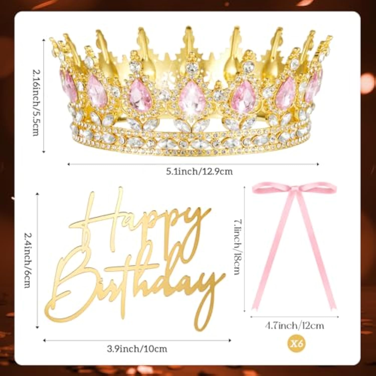 8 Pcs Queen Crown Cake Topper For Women, Happy Birthday Princess Tiaras Headband With Bow Tie Wedding Cake Decorations For Birthday Party Supplies(Gold And Pink)