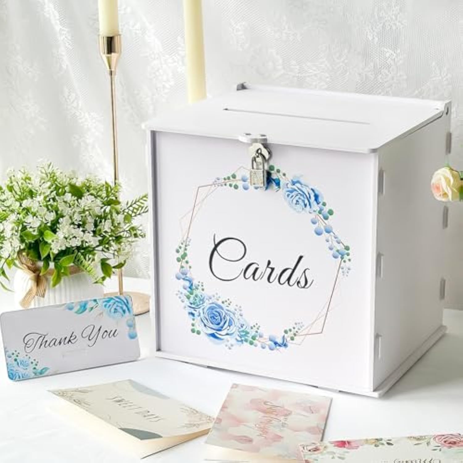 White Wedding Card Box With Lock, Pvc Gift Card Box With Blue Wreath, Wedding Decorations For Reception Envelop Money Gift Boxes For Graduation Birthday Bridal Baby Shower Decor