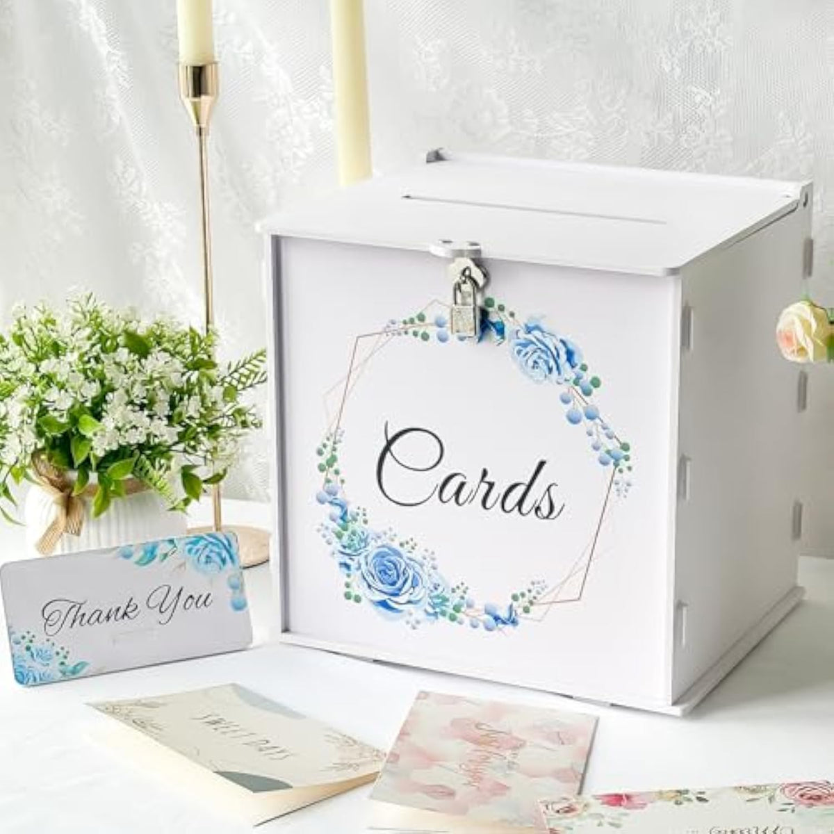 White Wedding Card Box With Lock, Pvc Gift Card Box With Blue Wreath, Wedding Decorations For Reception Envelop Money Gift Boxes For Graduation Birthday Bridal Baby Shower Decor
