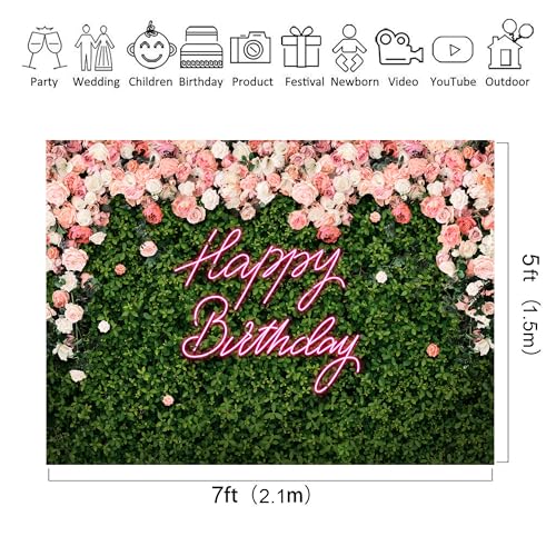 Happy Birthday Backdrop for Women Girl Green Grass Flower Floral Wall Decor