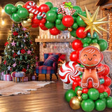 Christmas Balloon Garland Arch Kit, Red Green Gold Balloons with Bell Candy Cane Gingerbread Man Gold Explosion Star Foil Balloons for Christmas Party Decorations New Year Celebration