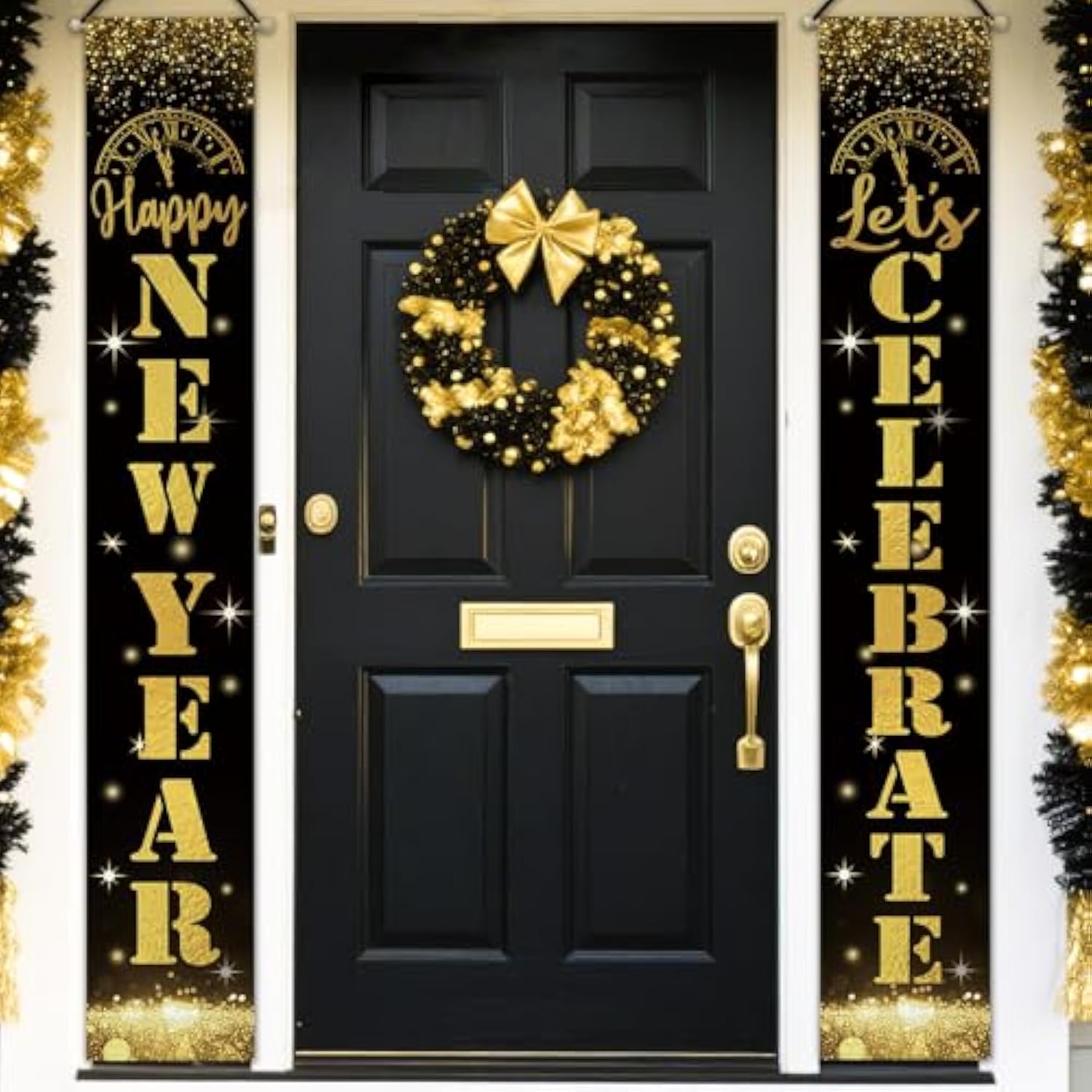 Happy New Year 2026 Porch Banner in Black Gold Glitter for Holiday Party Decor