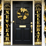 Happy New Year 2026 Porch Banner in Black Gold Glitter for Holiday Party Decor