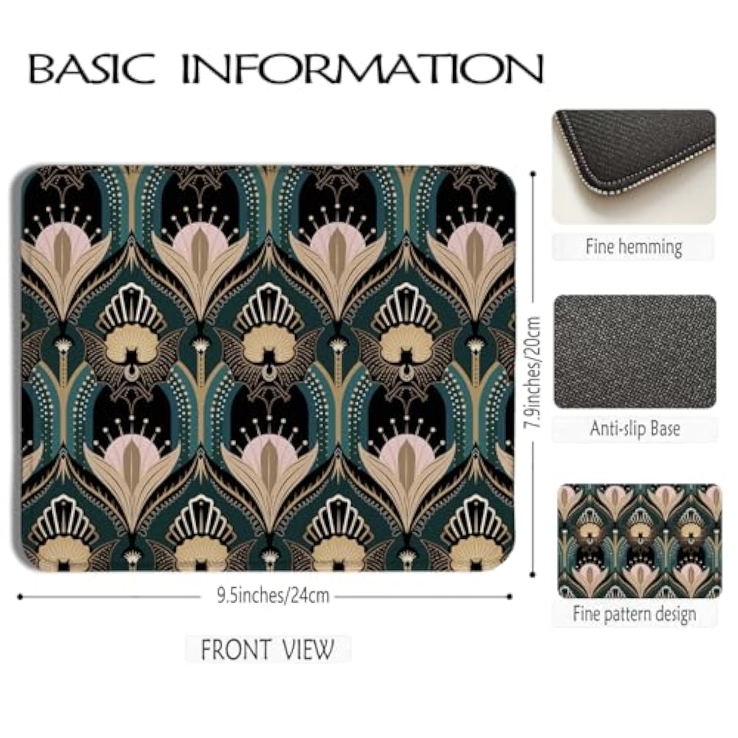 Art Deco Floral Mouse Pad 9.5X7.9 Inch, Dark Academia Gothic Office Supplies, 1920S Maximalist Gothic Bats And Flowers Mouse Pads For Wireless Mouse Computers Laptop Desk Accessories