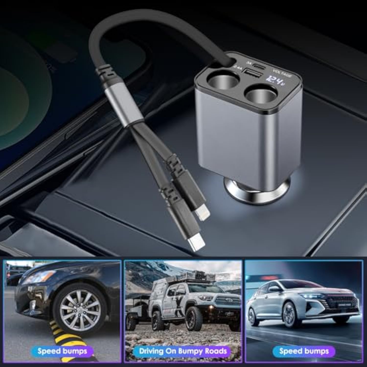 Retractable Car Charger,6 In 1 Fast Car Phone Charger 159W,Usb C And 2 Cigarette Lighter Adapter,Retractable Cables Compatible With Iphone 15/15 Pro Max/14/13/12/11, Galaxy, Pixel