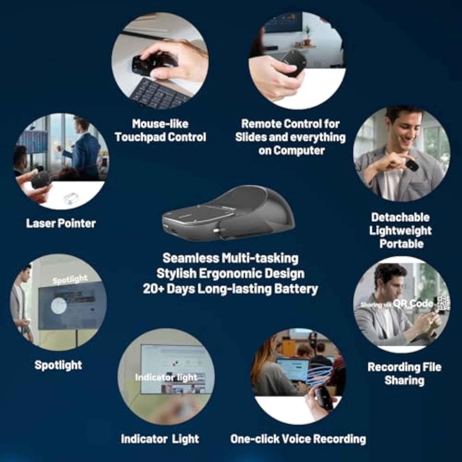 2 Bluetooth Detachable Air Mouse Touchpad Mouse With Voice Recording, Presentation Clicker Wireless Presenter Presentation Remote With Laser Pointer For Mac, Windows (Recording, Black)