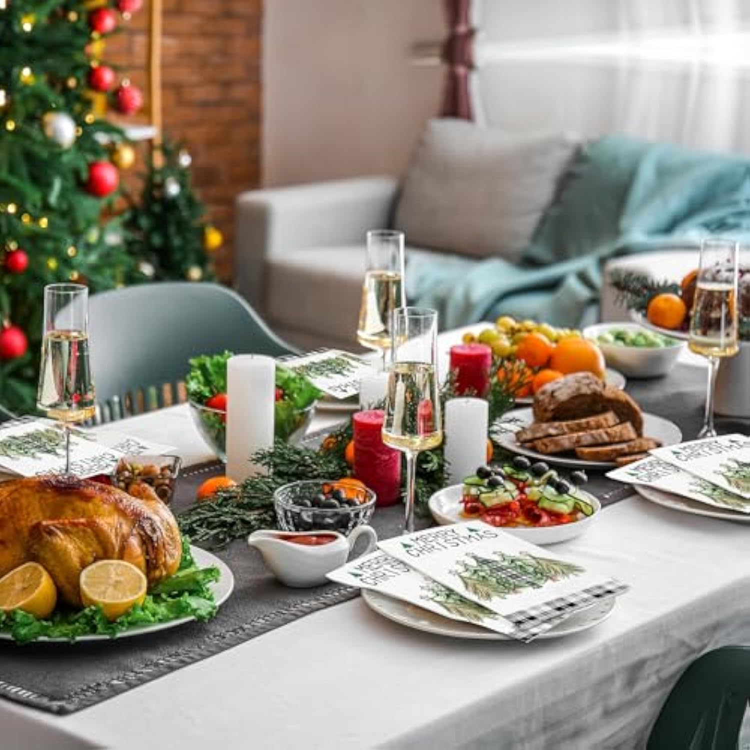 100 Pcs Christmas Tree Beverage Napkins Disposable Hand Towels For Bathroom 3 Ply Christmas Paper Napkins Xmas Tree Buffalo Plaid Napkins For Winter Holiday Wedding Birthday Party(Classic)