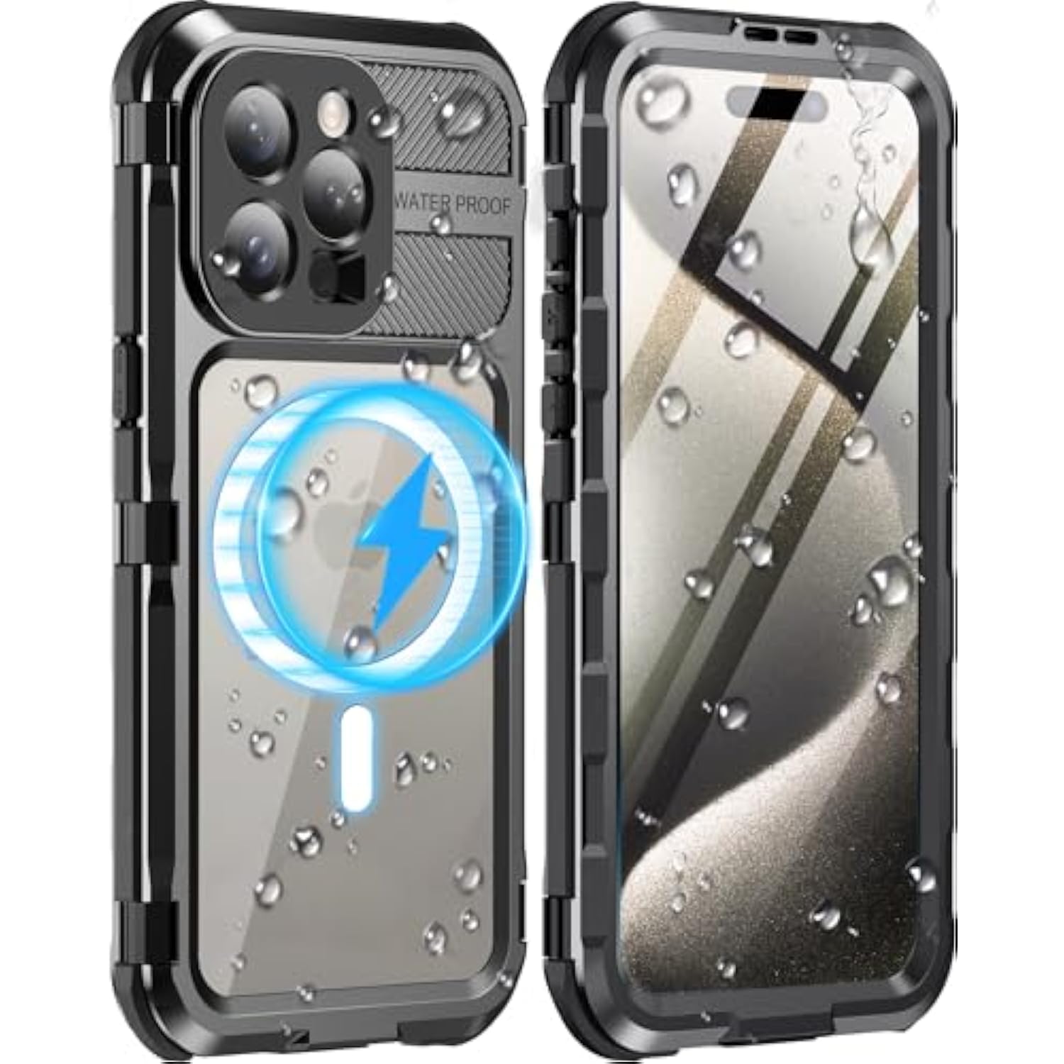 Waterproof Case - Metal Shockproof Phone Case Built-In Screen Protector [Ip68 Water Proof][14Ft Military Grade ], Heavy Duty Full Body Drop Protection Cover, 6.7" Black