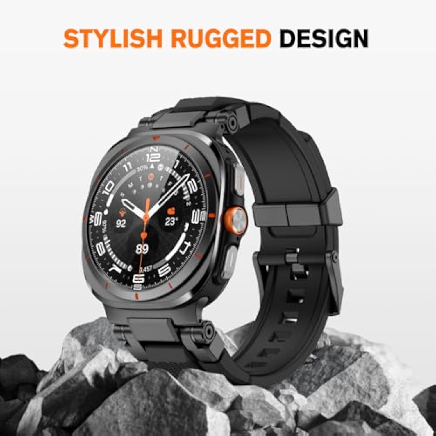 Compatible With Samsung Galaxy Watch Ultra Bands For Men, Metal Connector Rugged Strap For Galaxy Watch 7 Ultra 47Mm, Sport Accessories With 9H Tempered Glass Screen Protector - Black/Black