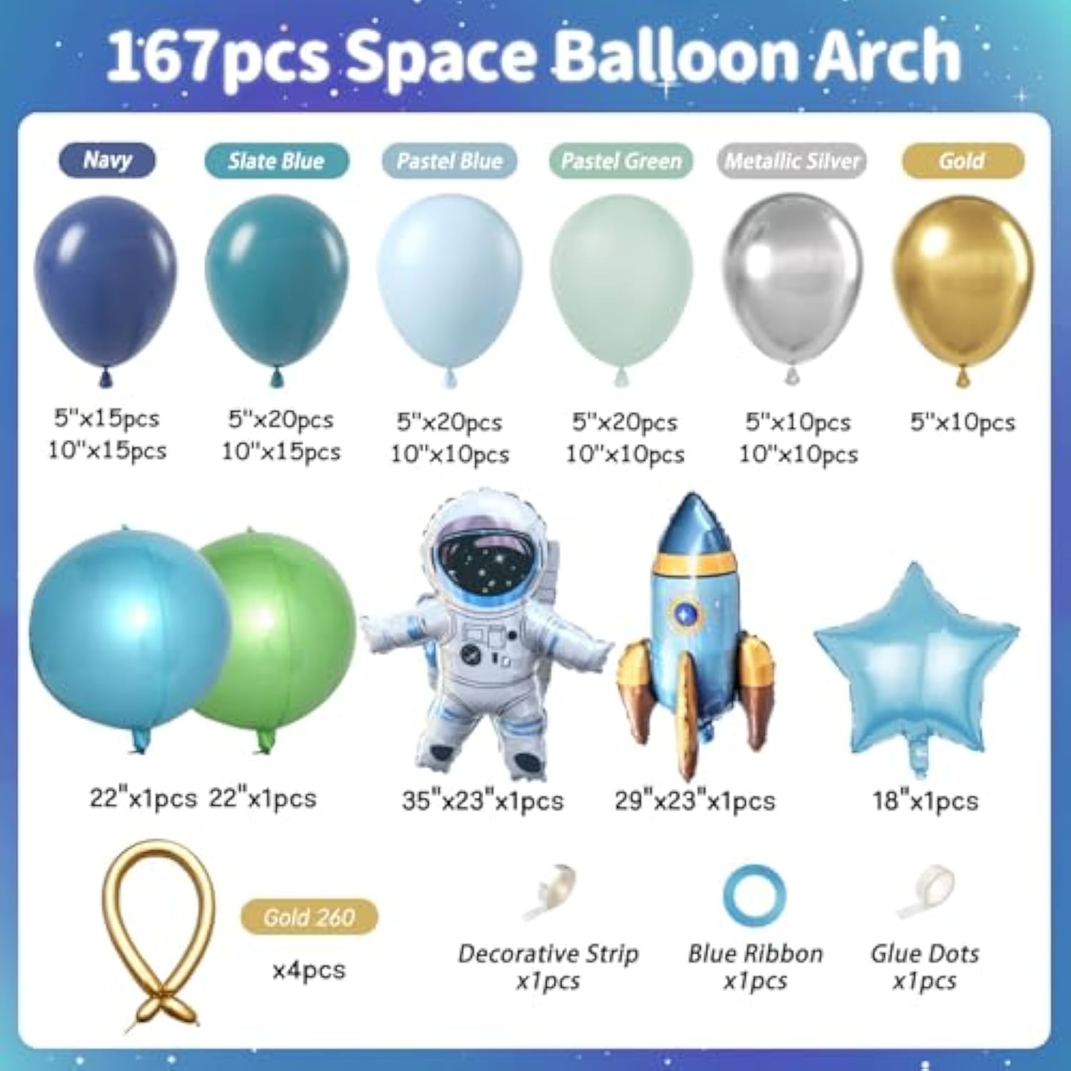 167pcs Space Balloon Arch Kit with Astronaut, Rocket & Balloons for Baby Shower