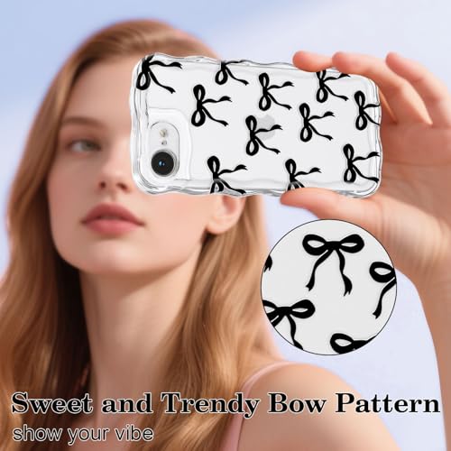Bow Case for iPhone 17e/16e, Cute Ribbon Bows Wavy Curly Frame Clear Phone Case for Girls Women, Aesthetic Bowknot Transparent Soft Silicone TPU