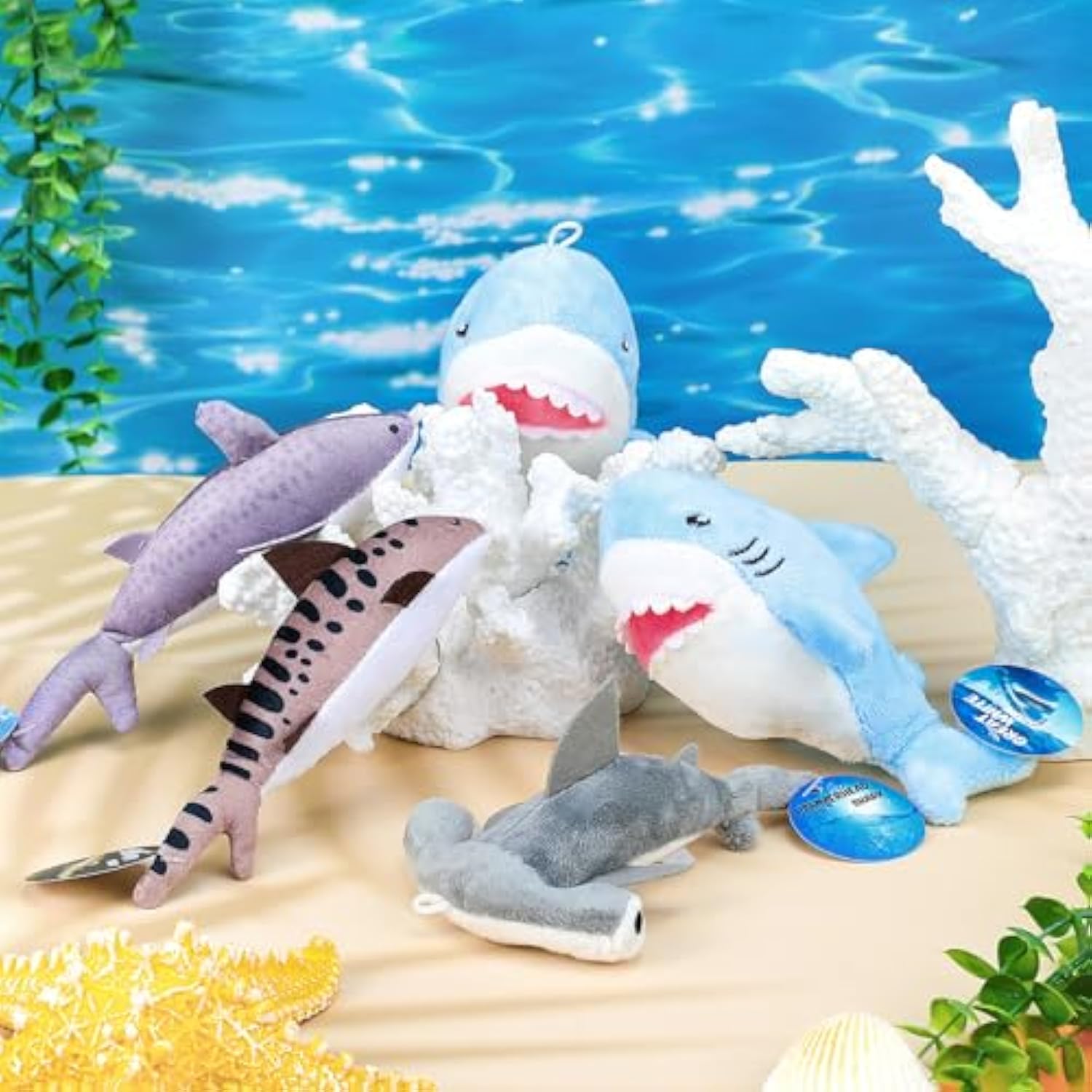 16 Sets Shark Party Favors Mini Shark Stuffed Animal With Lanyard And Educational Cards Sea Animal Plush Bulk For Kids Ocean Party Gifts