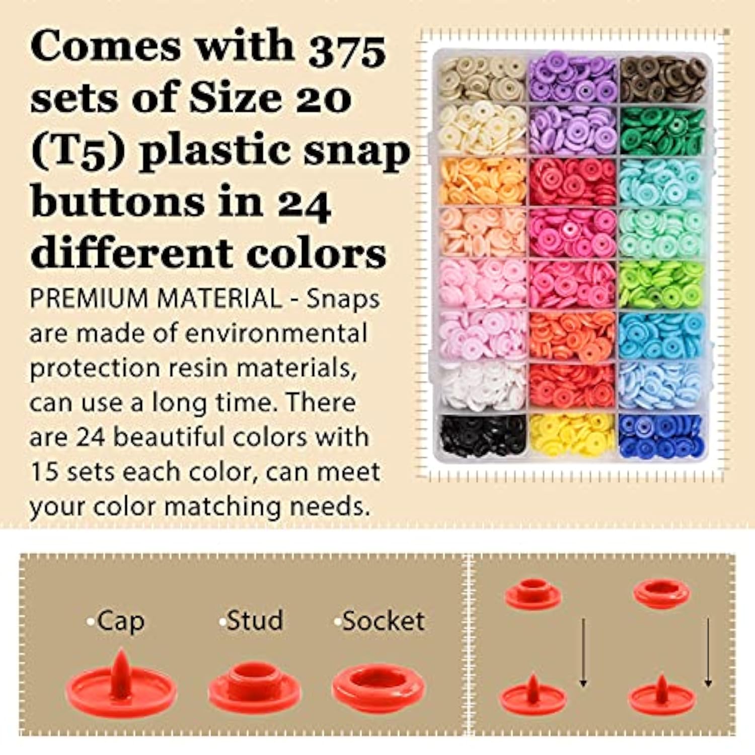 405 Pcs T5 Snaps Buttons With Snaps Pliers Set 24 Colors Round Plastic