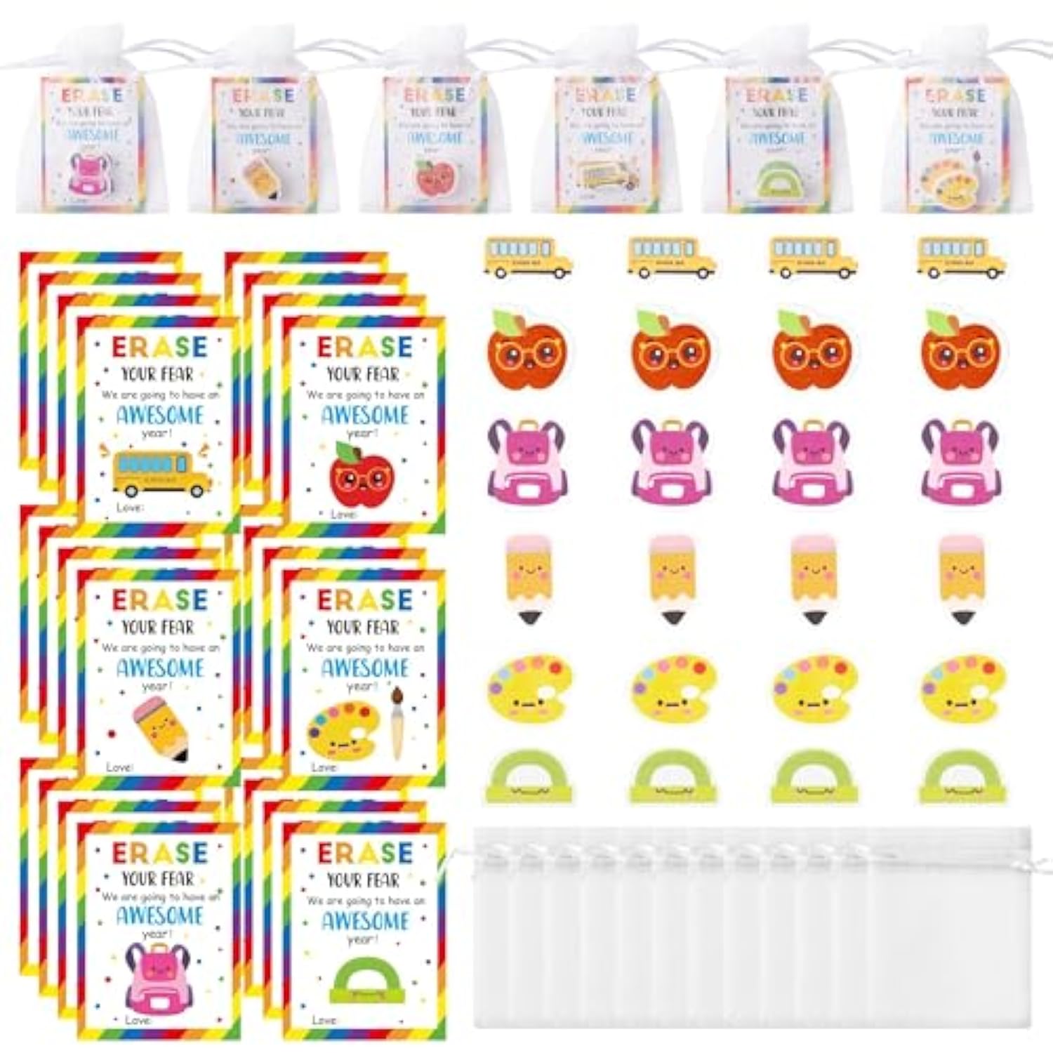 3D Mini Erasers Motivational Cards Bulk - 24 Sets Cute Back To School Inspirational Gifts, Cartoon Apple Erasers Organza Bags Reward Gifts For Kids Students, First Day Of School Party Favor