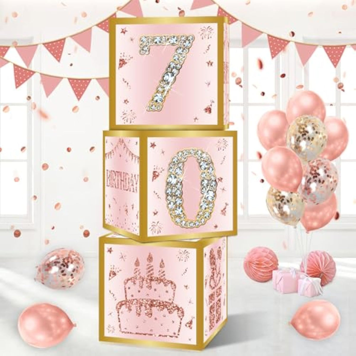 70Th Birthday Decorations Boxes For Women - 3Pcs Pink Rose Gold Happy 70Th Birthday Balloons Boxes,Seventy Year Old Birth Theme Cardboard Box Decor