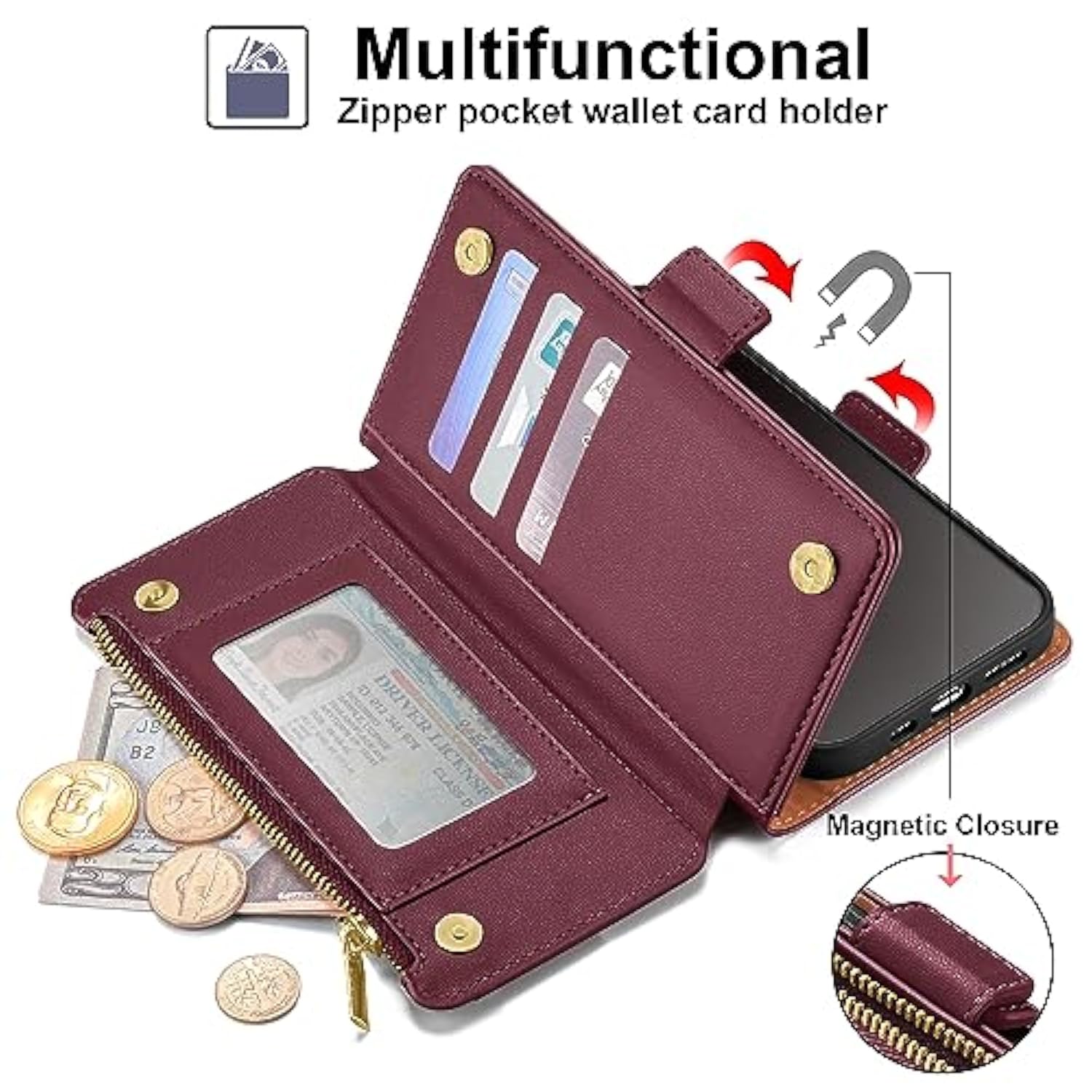 Compatible With Iphone 15 Wallet Case Card Holder?Rfid Blocking? Pu Leather Phone Case Women Men Flip Protective Cover Wrist Strap Zipper Credit Card Slots,For Apple 15 6.1",Wine Red