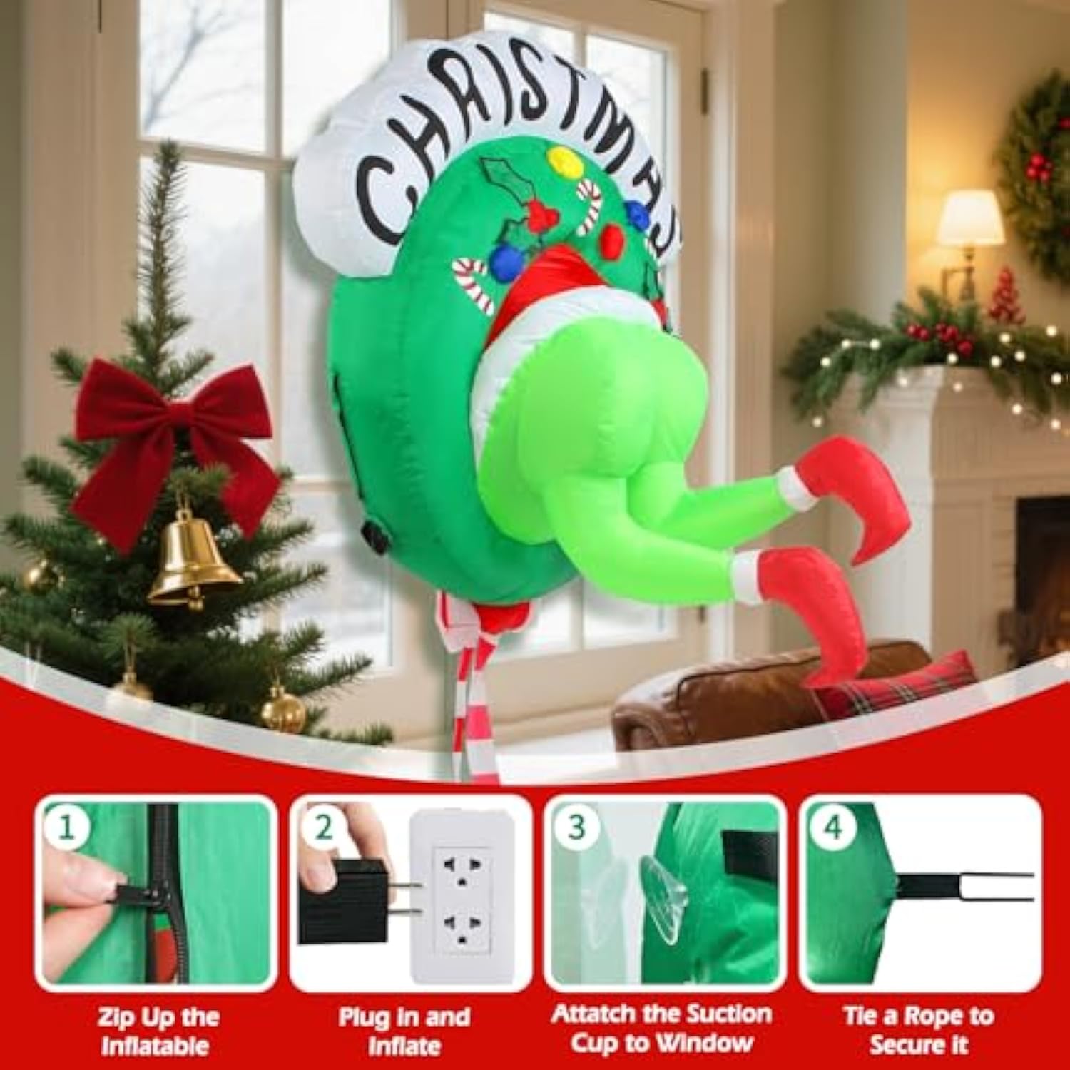 3.5Ft Christmas Inflatable Outdoor Decoration Green Ugly Monster Wreath Christmas Window Inflatable With Built-In Led Li