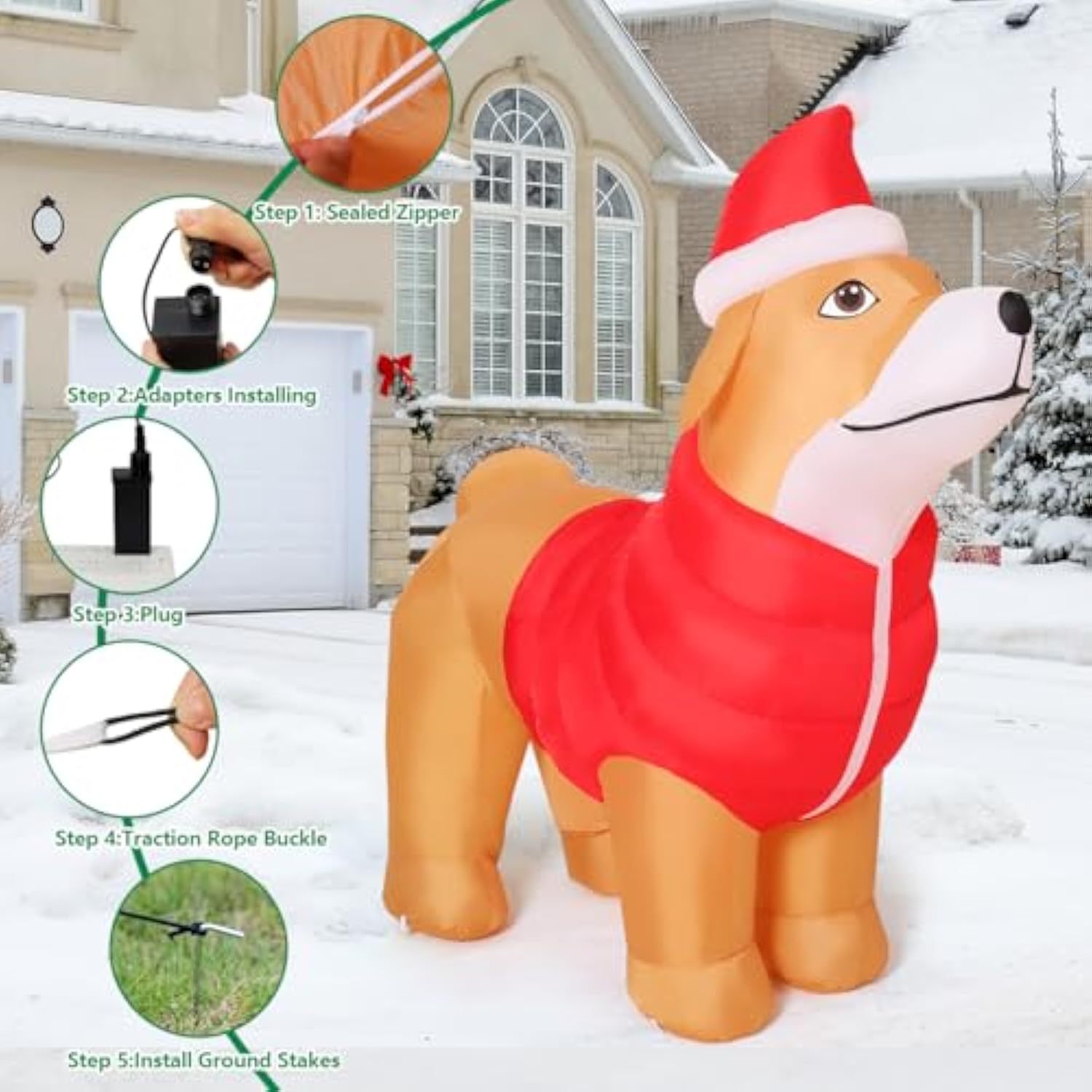 5.2 Ft Tall Christmas Inflatables Outdoor Decorations Blow Up Xmas Golden Retriever Dog Wearing Red Cotton Jacket With B