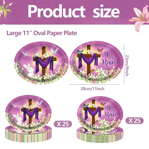 50 PCS Easter He is Risen Paper Plates 11 Inch Disposable Jesus Cross Easter Tableware Easter Party Decorations for Religious Christ Party Spring Lily Floral Supplies