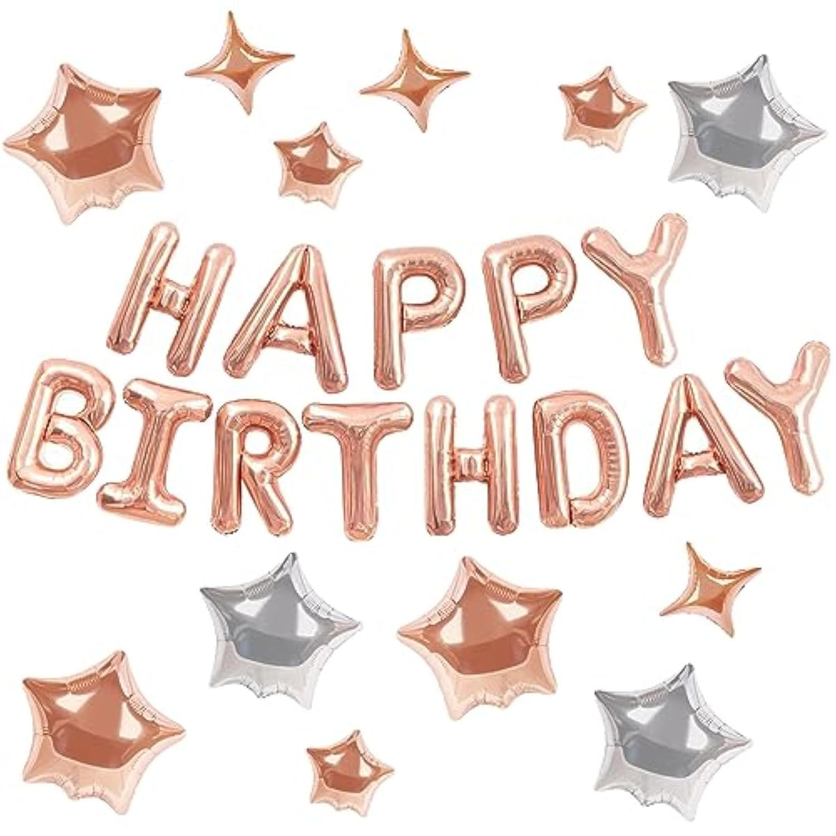Rose Gold Happy Birthday Balloon Banner: 16" Foil Letters, Star Balloons