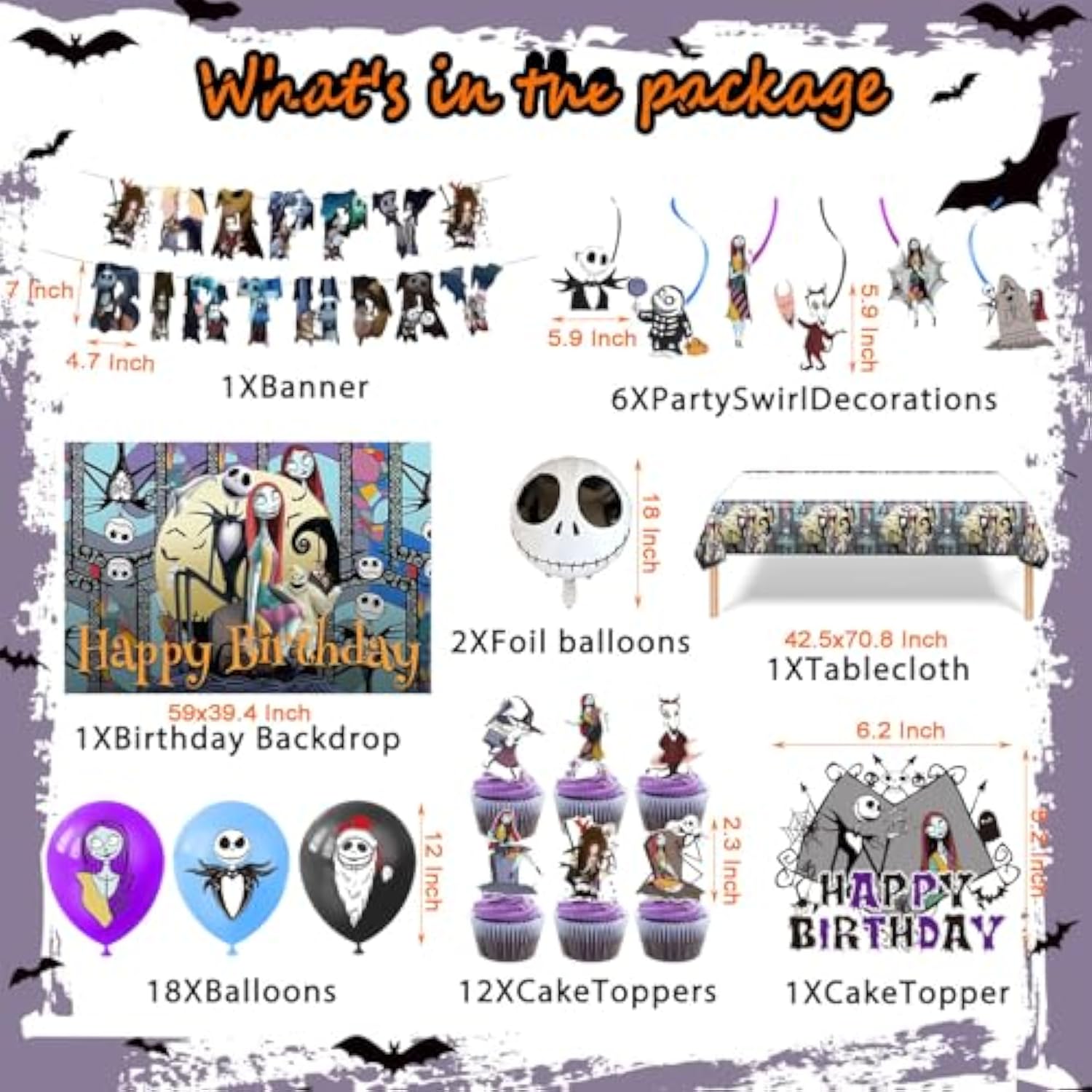 Birthday Decorations, Nightmare Christmas Party Supplies Halloween Birthday Party Decorations Set Includes Banner Balloons Tablecloth Backdrop Hanging Swirls Cake Toppers