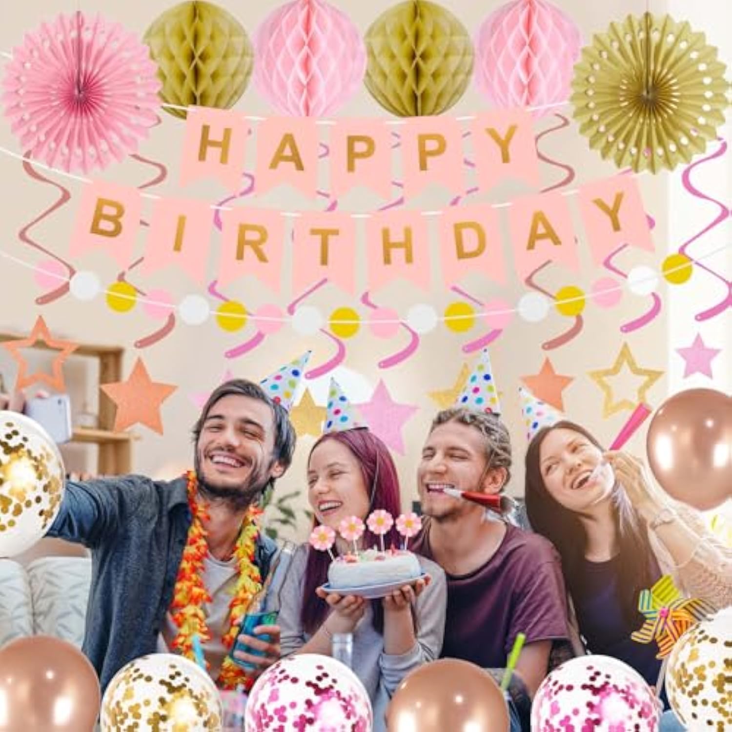 Birthday Decorations Pink Happy Birthday Banner Confetti Balloons Honeycomb Ball Circle Dots Garland Hanging Swirls Rose Gold Birthday Party Decor For Girls Women Princess